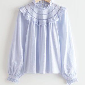 & Other Stories A-Line Ruffle Embroidery Blouse in Light Blue